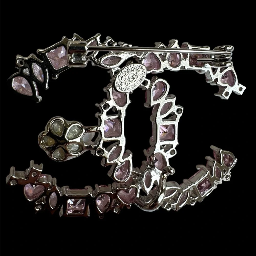 CHANEL Pink Crystal Pearl CC Logo Brooch in Silver Tone